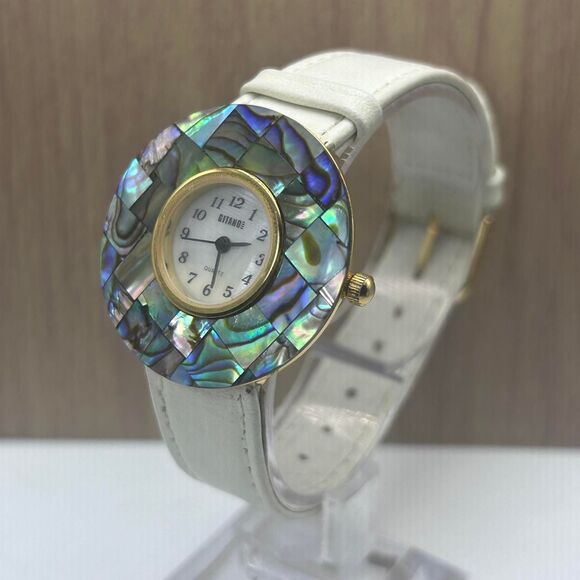 L. A. EXPRESS MOTHER OF PEARL LADIES LOGO WATCH  White Leather Strap - Picture 1 of 8